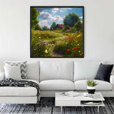 Diamond Painting - Village Idyll on the Meadow displayed in modern living room, Paint by Numbers art kit featuring a colorful countryside scene.
