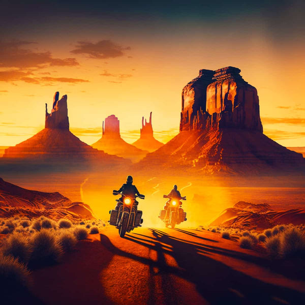 Two motorcyclists riding through a desert road at sunset with towering rock formations in the background