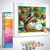 Paint by Numbers kit featuring a majestic kingfisher on a tree with lush greenery and exotic fruits, ready to be painted.