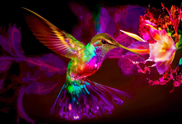 Malen nach Zahlen - Kolibrie, Abstrakt bunt - hochwertige Leinwand - Horizontal, Kolibri, Tiere, Vögel