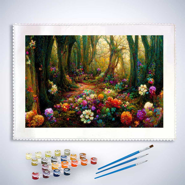 Malen nach Zahlen - Blumenwald - hochwertige Leinwand - Blumen, Horizontal, Wald