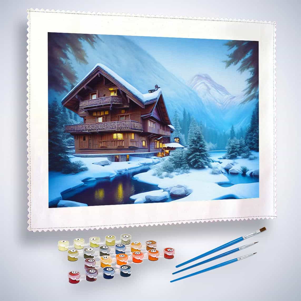 Malen nach Zahlen - Urlaubshaus, Schneelandschaft - hochwertige Leinwand - Horizontal, Winter