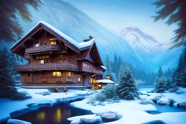 Malen nach Zahlen - Urlaubshaus, Schneelandschaft - hochwertige Leinwand - Horizontal, Winter