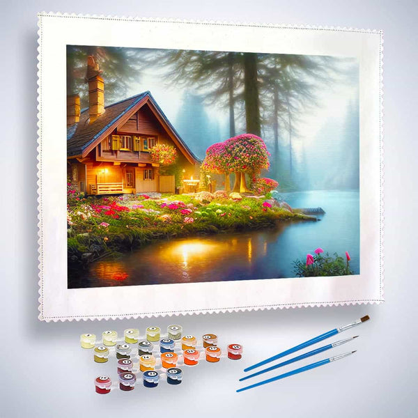 Malen nach Zahlen - Romantisches Häuschen am See - hochwertige Leinwand - Horizontal, Landschaft, See