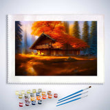 Malen nach Zahlen - Waldherbsthäuschen - hochwertige Leinwand - Herbst, Horizontal, Landschaft