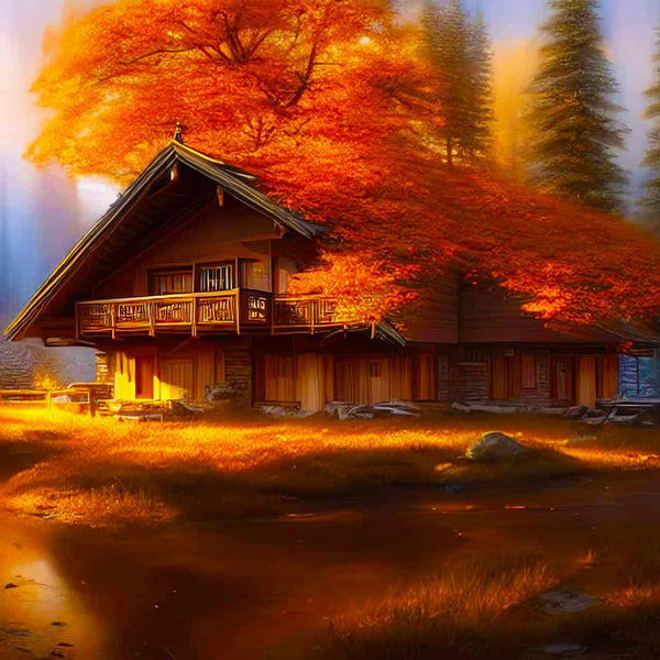 Malen nach Zahlen - Waldherbsthäuschen - hochwertige Leinwand - Herbst, Horizontal, Landschaft
