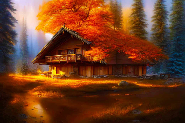 Malen nach Zahlen - Waldherbsthäuschen - hochwertige Leinwand - Herbst, Horizontal, Landschaft