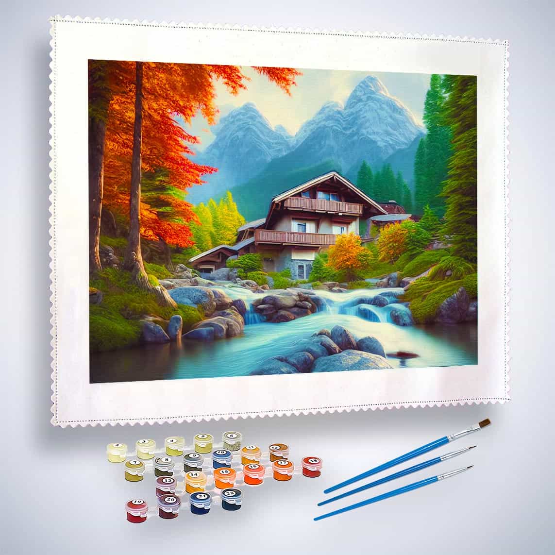 Malen nach Zahlen - Haus am wilden Bächlein - hochwertige Leinwand - Berge, Horizontal, Landschaft, Wald