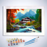 Malen nach Zahlen - Haus am wilden Bächlein - hochwertige Leinwand - Berge, Horizontal, Landschaft, Wald