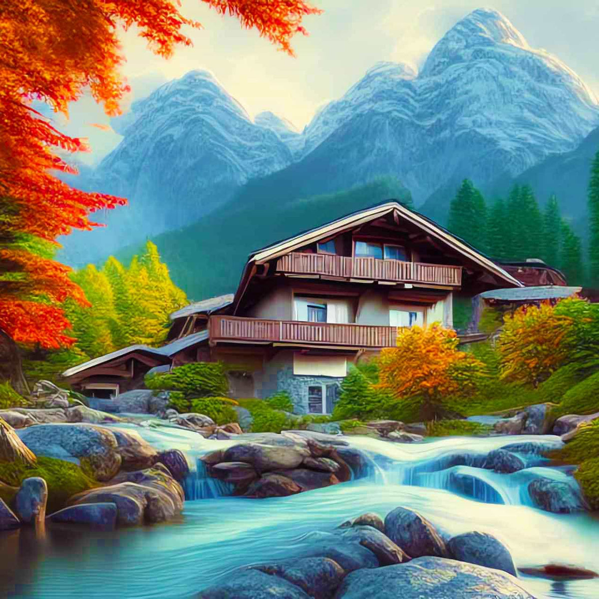 Malen nach Zahlen - Haus am wilden Bächlein - hochwertige Leinwand - Berge, Horizontal, Landschaft, Wald