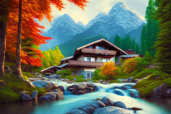 Malen nach Zahlen - Haus am wilden Bächlein - hochwertige Leinwand - Berge, Horizontal, Landschaft, Wald