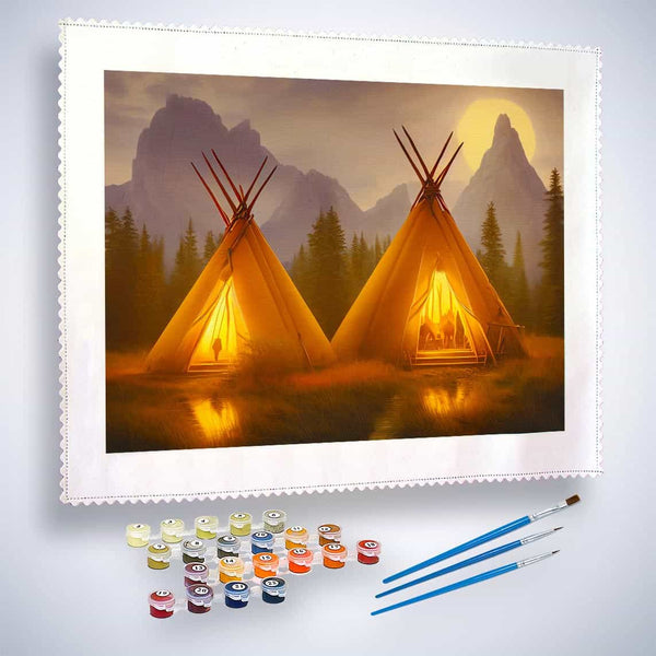 Malen nach Zahlen - Zwei Tipis - hochwertige Leinwand - Berge, Horizontal, Landschaft