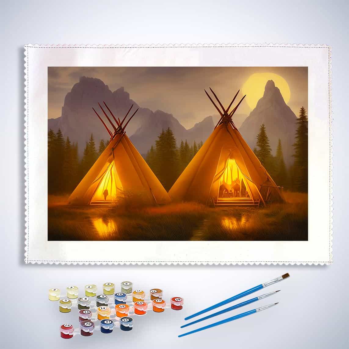 Malen nach Zahlen - Zwei Tipis - hochwertige Leinwand - Berge, Horizontal, Landschaft