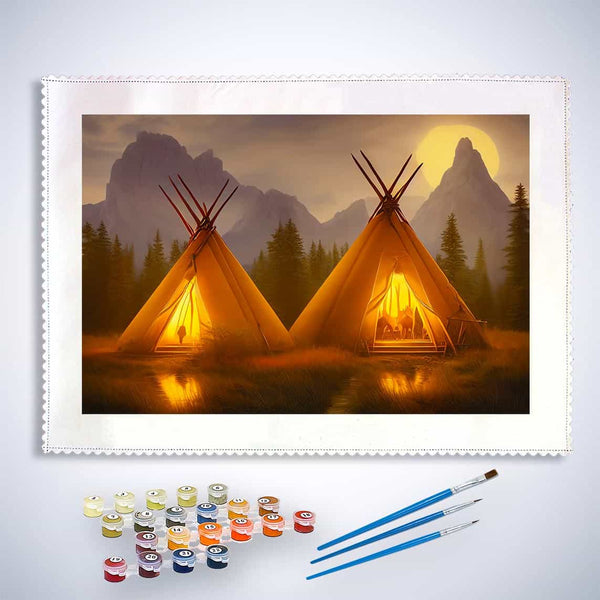 Malen nach Zahlen - Zwei Tipis - hochwertige Leinwand - Berge, Horizontal, Landschaft