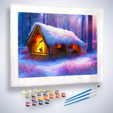 Malen nach Zahlen - Hütte im Schnee - hochwertige Leinwand - Horizontal, Wald, Winter