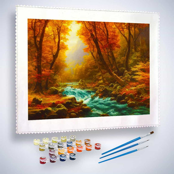 Malen nach Zahlen - Wilder Fluss im Herbst - hochwertige Leinwand - Fluss, Horizontal, Landschaft, Wald