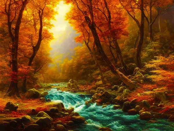 Malen nach Zahlen - Wilder Fluss im Herbst - hochwertige Leinwand - Fluss, Horizontal, Landschaft, Wald