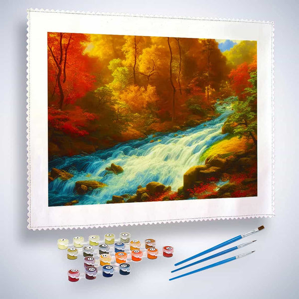 Malen nach Zahlen - Reißender Fluss im Wald - hochwertige Leinwand - Fluss, Horizontal, Landschaft, Wald