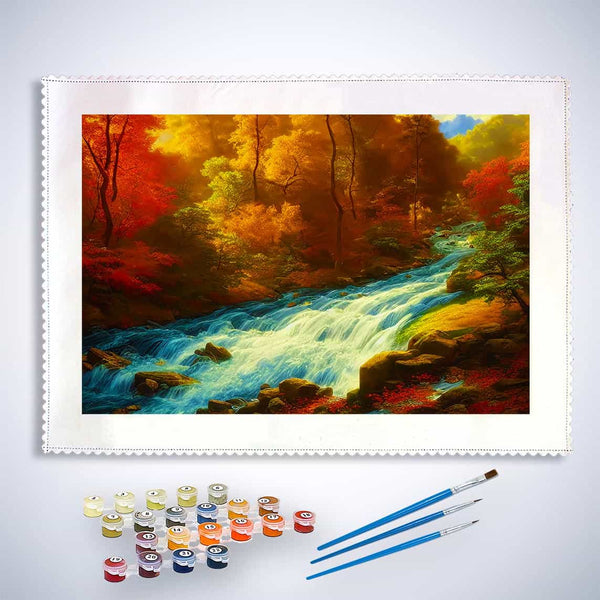 Malen nach Zahlen - Reißender Fluss im Wald - hochwertige Leinwand - Fluss, Horizontal, Landschaft, Wald