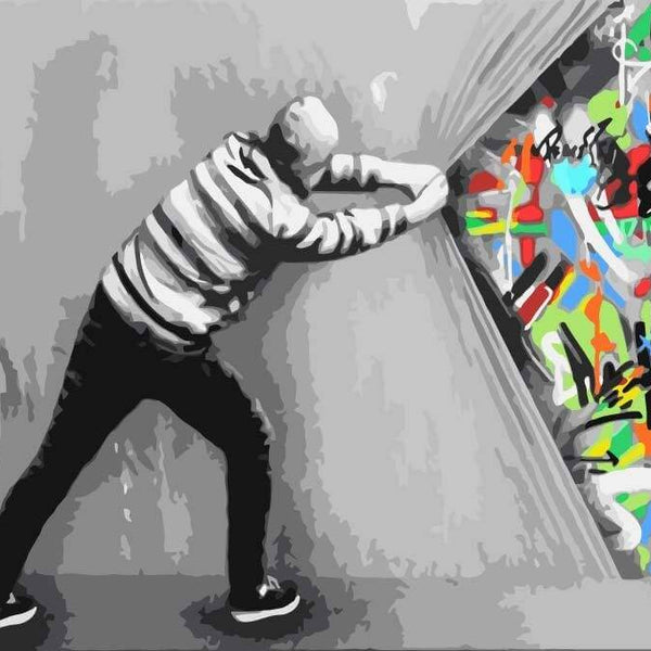 Grauer Vorhang, Martin Whatson - Banksy - hochwertige Leinwand - 3fuer2, exclude, horizontal, Mittel, Streetart
