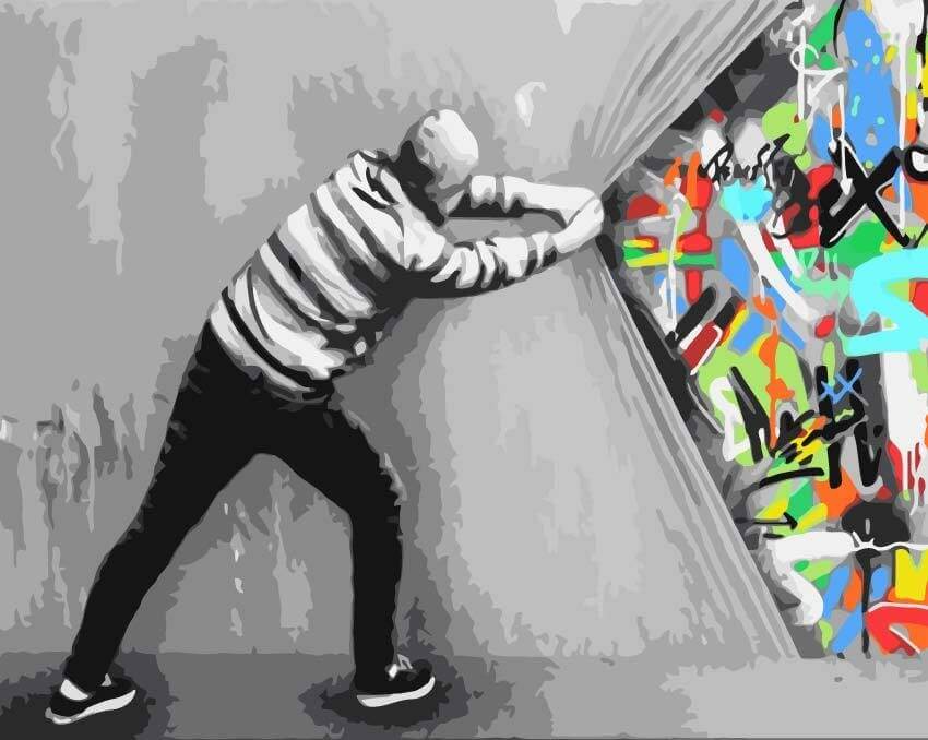 Grauer Vorhang, Martin Whatson - Banksy - hochwertige Leinwand - 3fuer2, exclude, horizontal, Mittel, Streetart