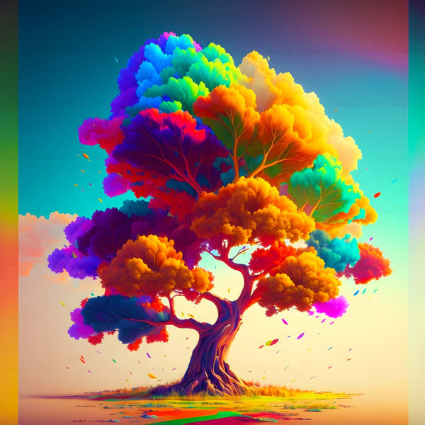 Vibrant multicolored tree in a diamond painting kit – Tree of Magic Colors. Paint by Numbers art with brilliant hues and detailed design.