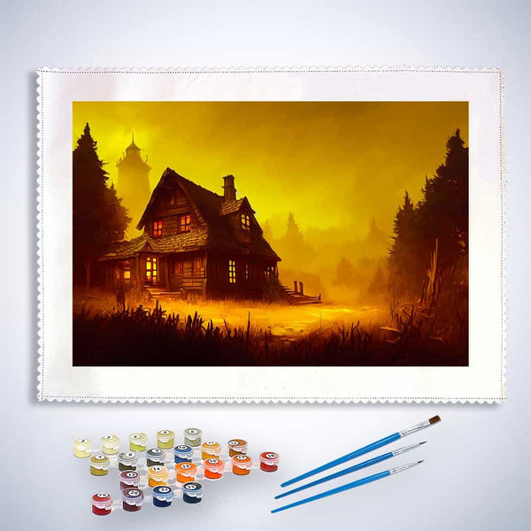 Malen nach Zahlen - Mystisches Haus - hochwertige Leinwand - Halloween, Horizontal, Landschaft