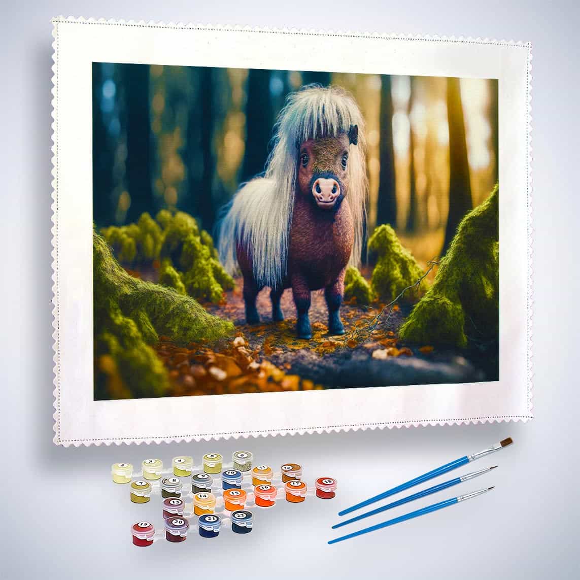 Malen nach Zahlen - Kleines Pony im Wald - hochwertige Leinwand - Horizontal, Pferde, Tiere