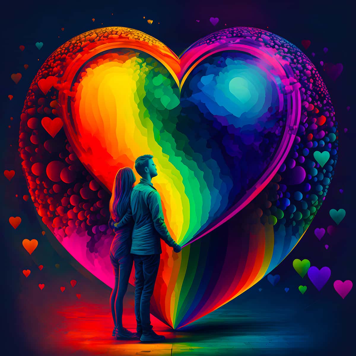 Couple admiring a colorful heart in AB Diamond Painting kit, featuring vibrant rainbow colors and sparkling diamond art. Paint by Numbers.