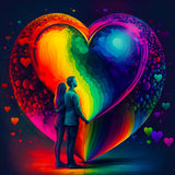 Couple admiring a colorful heart in AB Diamond Painting kit, featuring vibrant rainbow colors and sparkling diamond art. Paint by Numbers.