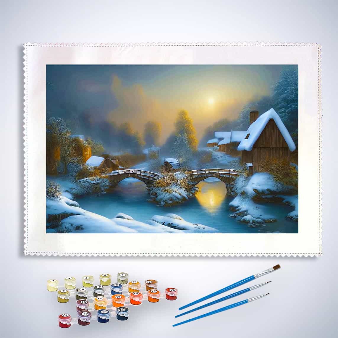 Malen nach Zahlen - Winterdorf im Sonnenuntergang - hochwertige Leinwand - Horizontal, Landschaft, Winter