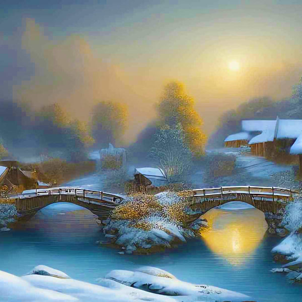 Malen nach Zahlen - Winterdorf im Sonnenuntergang - hochwertige Leinwand - Horizontal, Landschaft, Winter