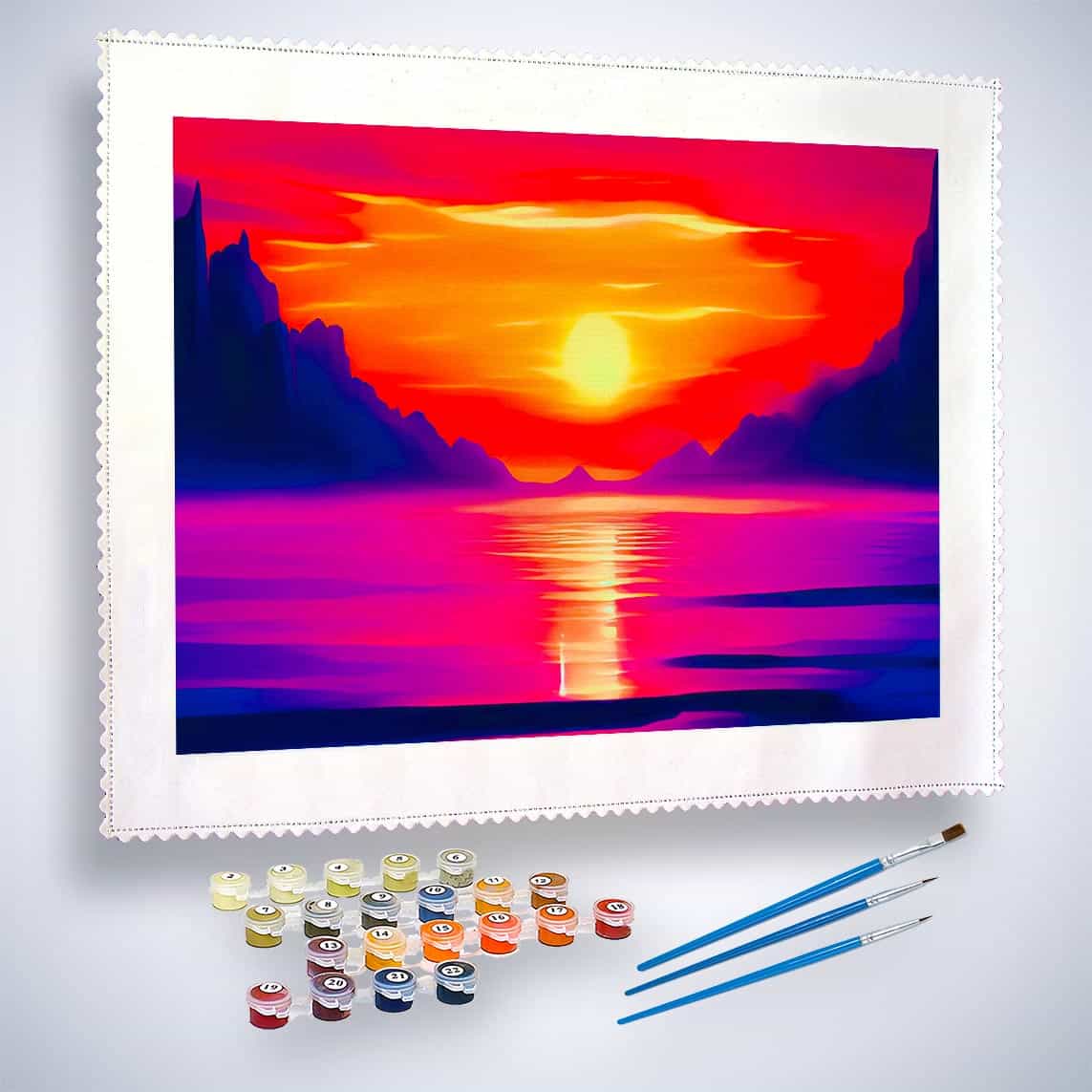 Malen nach Zahlen - Berge Meer und Sonnenaufgang - hochwertige Leinwand - Berge, Horizontal, Meer