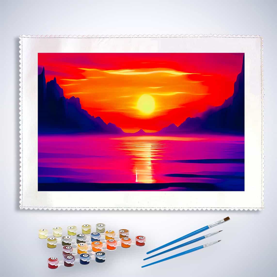 Malen nach Zahlen - Berge Meer und Sonnenaufgang - hochwertige Leinwand - Berge, Horizontal, Meer