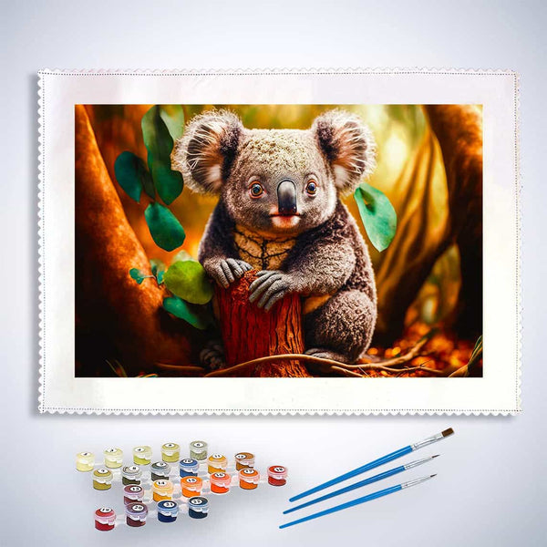 Malen nach Zahlen - Koalabär auf Waldboden - hochwertige Leinwand - Bär, Horizontal, Koala, Tiere