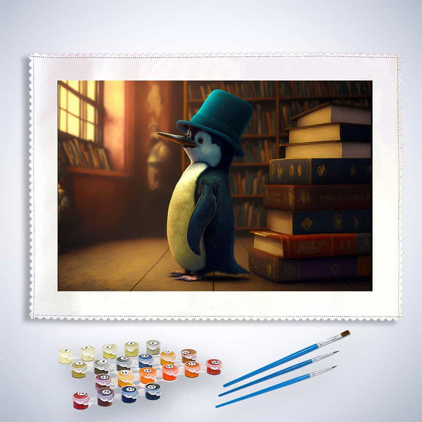 Malen nach Zahlen - Pinguin mit Hut - hochwertige Leinwand - Horizontal, Pinguin, Tiere