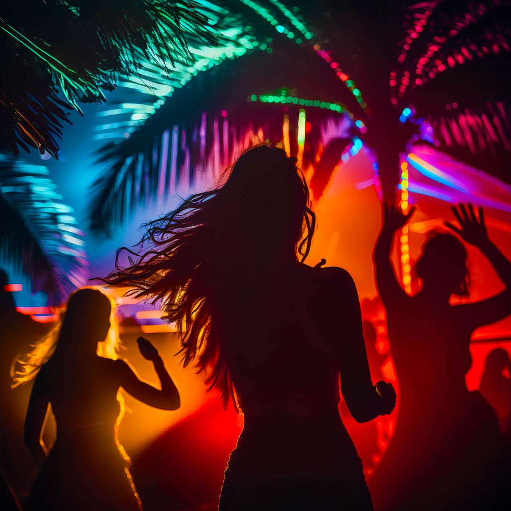 Women dancing on a beach at night with vibrant, colorful lights illuminating palm trees - Diamond Painting, Paint by Numbers.