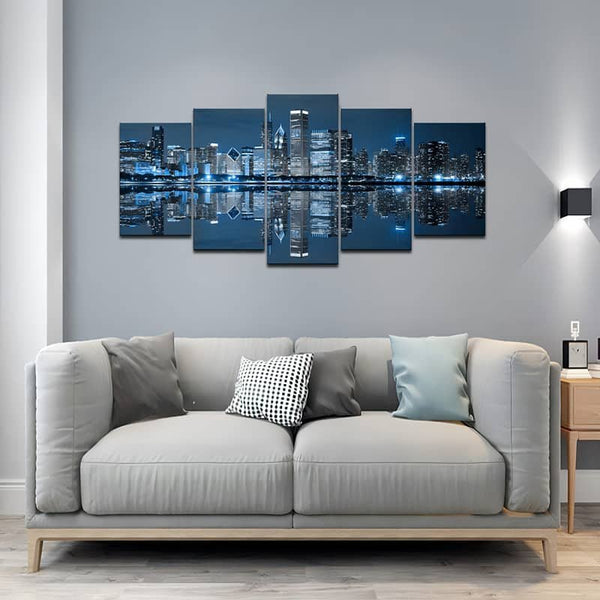 Malen nach Zahlen 5 teilig - Blau beleuchtete Skyline - hochwertige Leinwand - multi5, neue_bilder