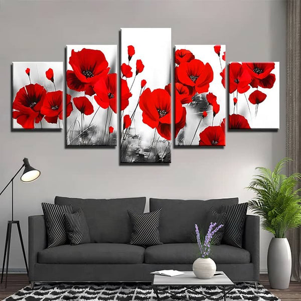 Malen nach Zahlen 5 teilig - Mohnblumen vor Schwarz und Weiß - hochwertige Leinwand - multi5, neue_bilder