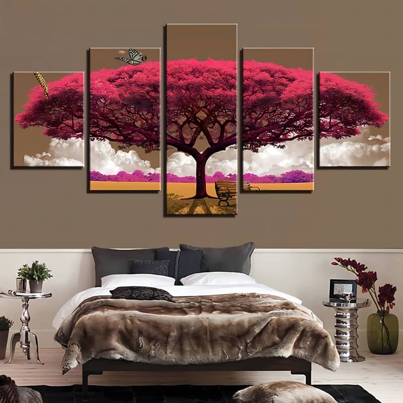 Malen nach Zahlen 5 teilig - Pinker Baum, Bank im Schatten - hochwertige Leinwand - multi5, neue_bilder