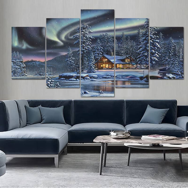 Malen nach Zahlen 5 teilig - Polarlichter im Winterwald, Haus am Fluss - hochwertige Leinwand - multi5, neue_bilder