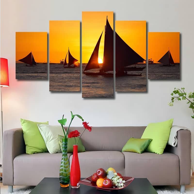 Malen nach Zahlen 5 teilig - Segelschiffe im Sonnenuntergang, Ozean - hochwertige Leinwand - multi5, neue_bilder