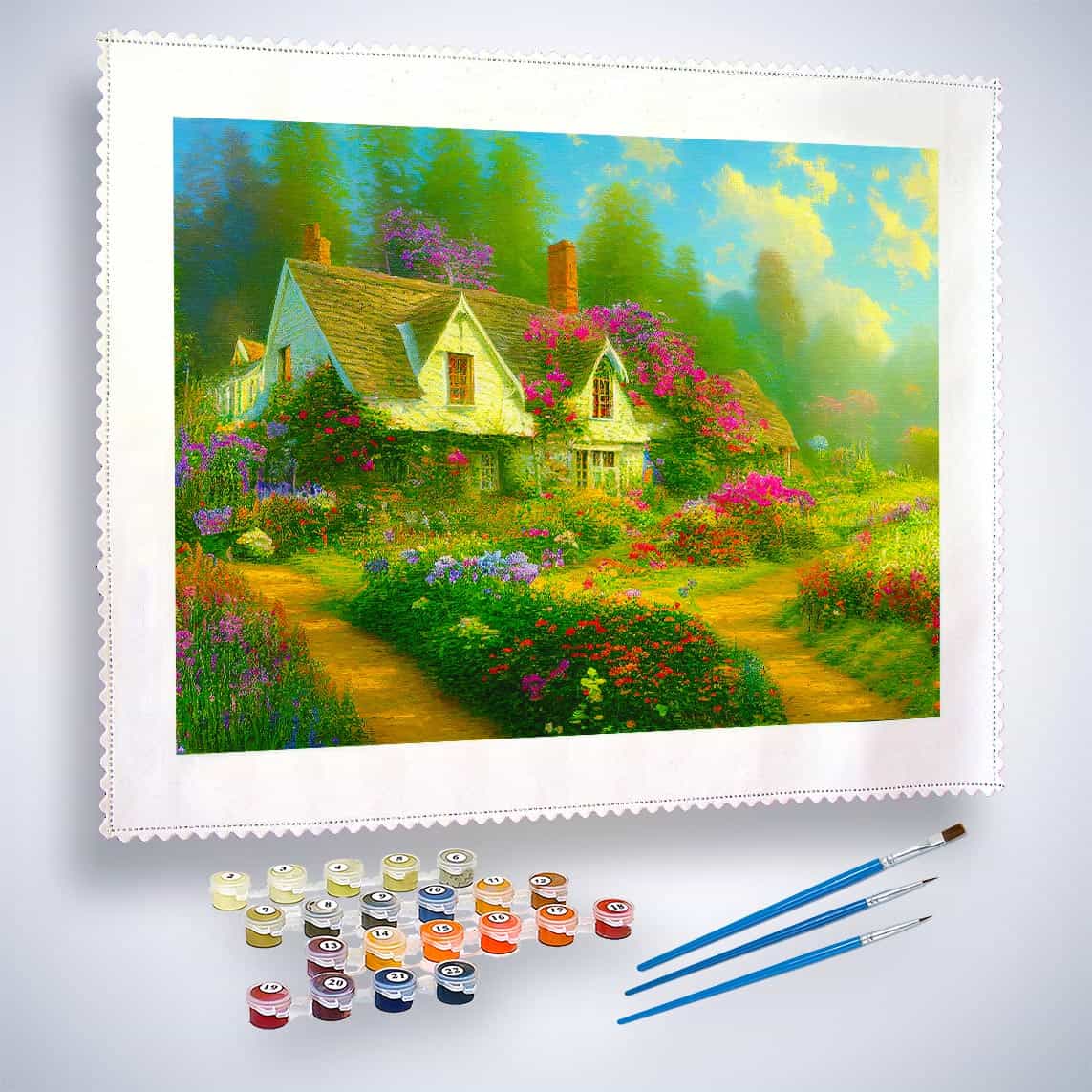 Malen nach Zahlen - Blumiges Waldcottage - hochwertige Leinwand - Horizontal, Natur, Wald