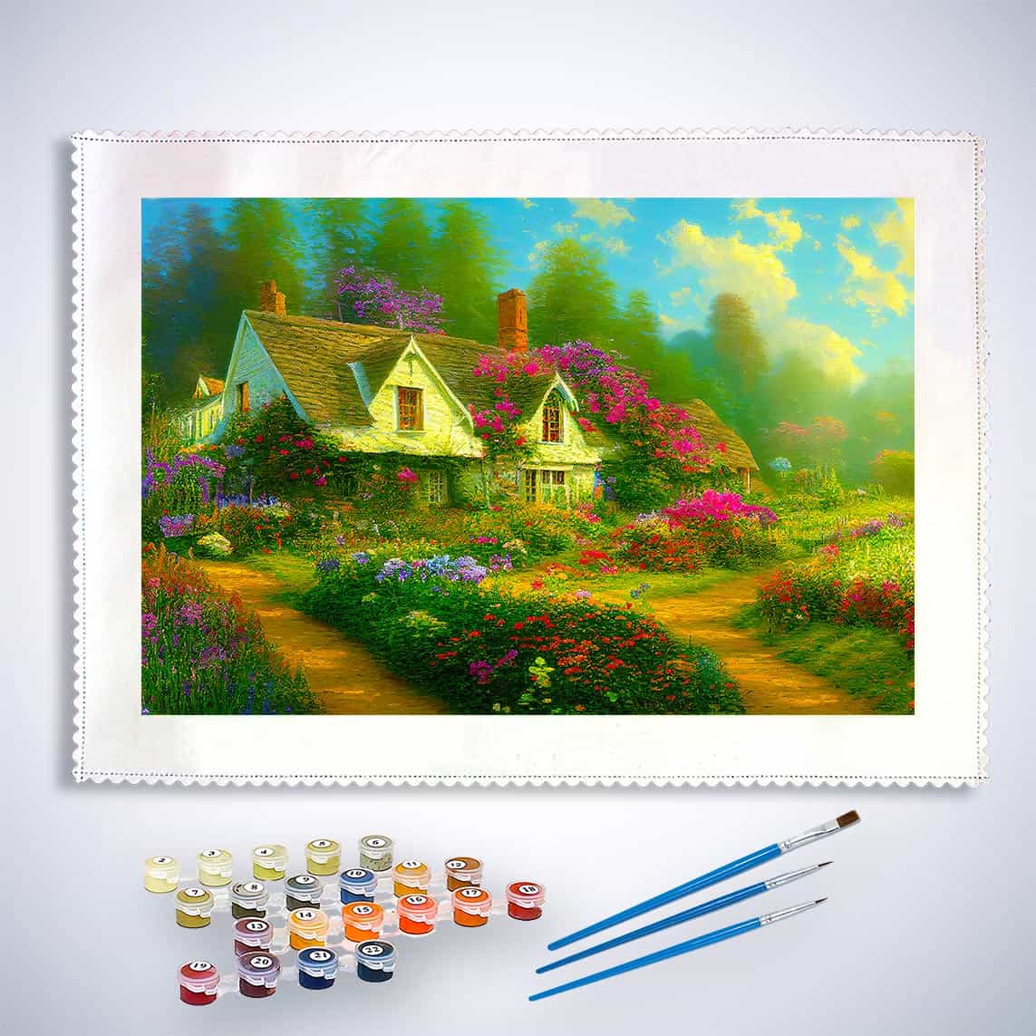 Malen nach Zahlen - Blumiges Waldcottage - hochwertige Leinwand - Horizontal, Natur, Wald