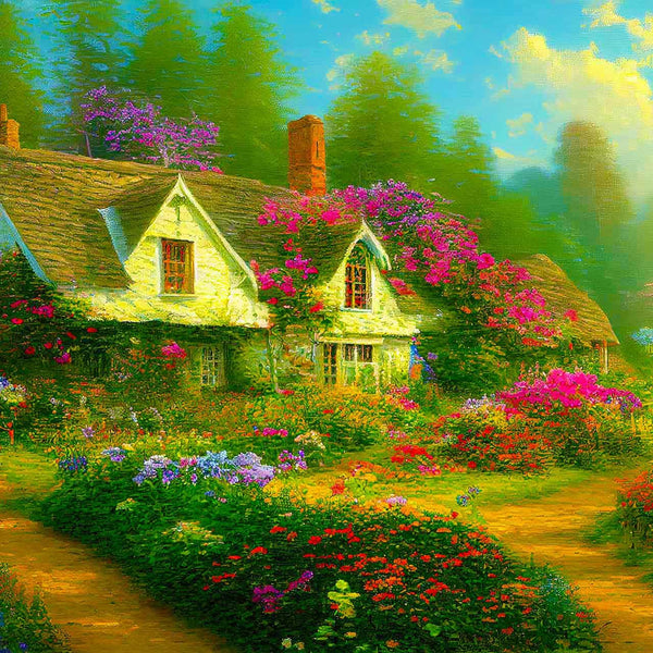 Malen nach Zahlen - Blumiges Waldcottage - hochwertige Leinwand - Horizontal, Natur, Wald