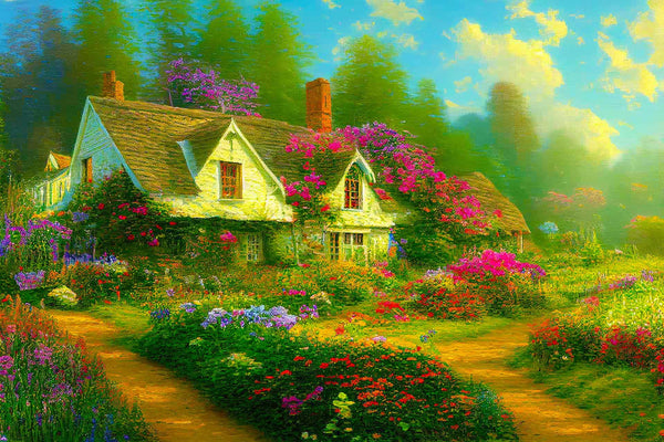 Malen nach Zahlen - Blumiges Waldcottage - hochwertige Leinwand - Horizontal, Natur, Wald