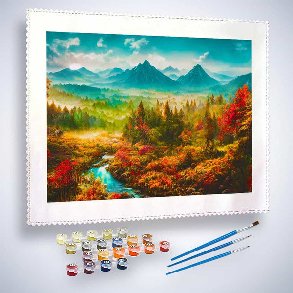 Malen nach Zahlen - Nadelwaldgebirge - hochwertige Leinwand - Berge, Fluss, Horizontal, Landschaft, Wald