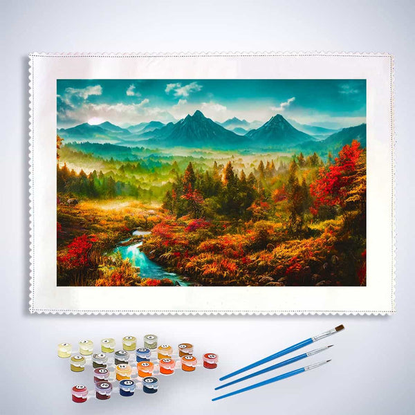 Malen nach Zahlen - Nadelwaldgebirge - hochwertige Leinwand - Berge, Fluss, Horizontal, Landschaft, Wald