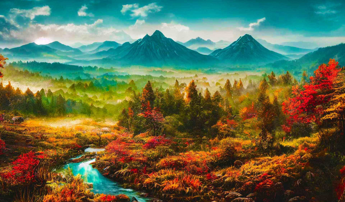 Malen nach Zahlen - Nadelwaldgebirge - hochwertige Leinwand - Berge, Fluss, Horizontal, Landschaft, Wald