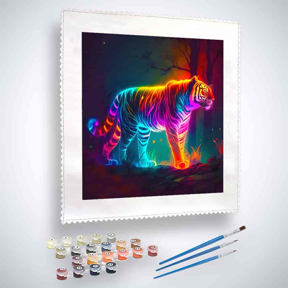 Malen nach Zahlen - Leuchtend bunter Tiger - hochwertige Leinwand - Neu eingetroffen, Quadratisch, Tiere, TiereNeu eingetroffen, Tiger